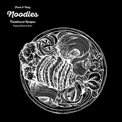 Noodles, meat and vegetables hand drawn sketch. Top view vector illustration. Noodle dish. Engraved style. Black and white illustration. Noodles in bowl. Asian food.
