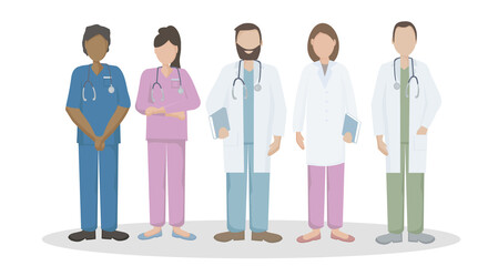 A team of doctors and nurses in uniform, hospital medical staff with stethoscopes in different positions.  The concept of medical care and assistance to people. Vector flat illustration.