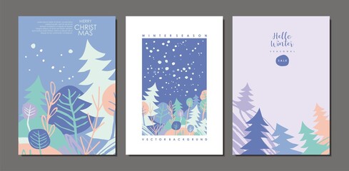 Fototapeta na wymiar Winter landscape with snow, trees and pine forest. Card design concept. Seasonal vector cover template.