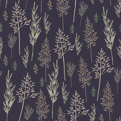 Fototapeta na wymiar Seamless pattern of different types of field herbs and branches. For paper, covers, fabric, gift wrapping, wall painting, decorative interior design. Vector design.