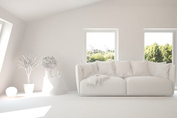 White living room with sofa and summer landscape in window. Scandinavian interior design. 3D illustration