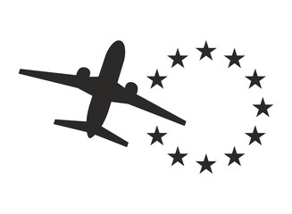 Flight to Europe. European holiday. Europe tour. Airplane icon. Commercial aviation. Vector icon isolated on white background.