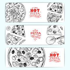 Pizza top view, vertical banner collection. Italian food menu design template. Vintage hand drawn sketch vector illustration. Engraved style design for pizzeria menu.