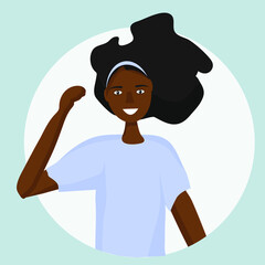 African black woman smiling, right hand raised top. Participation in a strike or demonstration. Young American activist.