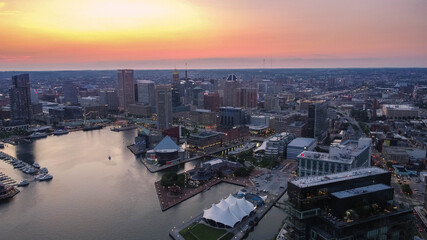 Fototapeta na wymiar Aerial view of the Baltimore City Skyline at Sunset by the Inner Harbor 