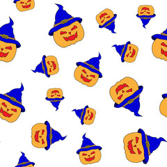 seamless pattern, a pumpkin in a hat on a white background, for the Halloween holiday.