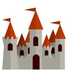 Fairytale castle. Fortress of the knight and king. medieval old town. Stone walls and towers. Fort for protection. Flat cartoon illustration isolated on white
