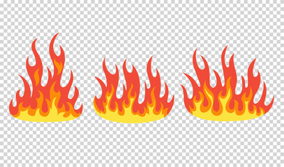 Set of red and orange fire flame. Flames of different shapes. Fireball set, flaming symbols. Idea of energy and power. Collection of hot flaming element. Vector icons in cartoon style