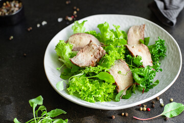 meat salad vegetables veal slice still life on the table tasty serving size top view copy space for text keto or paleo diet food background rustic