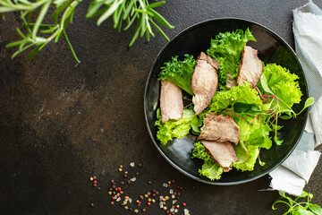 meat salad vegetables veal slice still life on the table tasty serving size top view copy space for text keto or paleo diet food background rustic