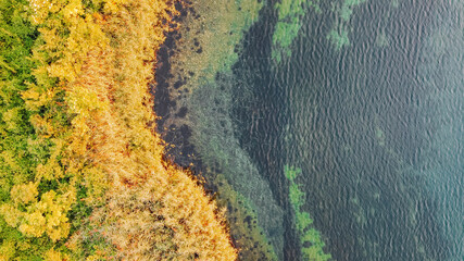 Aerial View of a lake at sunset with shallow and deep water