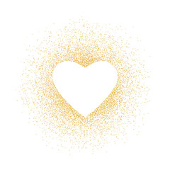 Golden glitter shape heart frame background. Pattern love with gold sparkles and glitter effect. Empty space for your text. Vector illustration on white background