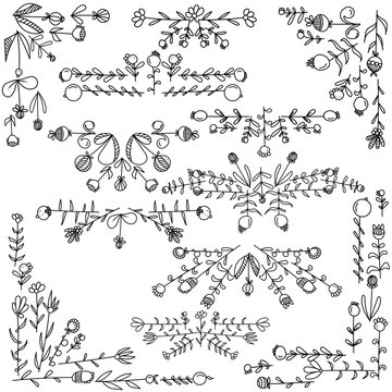 A set of corners, decorative rulers of doodle flowers with various rounded petals and leaves, plant elements for creating abstract floral compositions