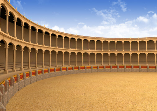 Ancient coliseum arena empty fragment with columns and blue sky 3d illustration