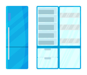 Refrigerator without food. Open, empty and closed fridge, flat vector image. Keep food fresh vegetables and fruits