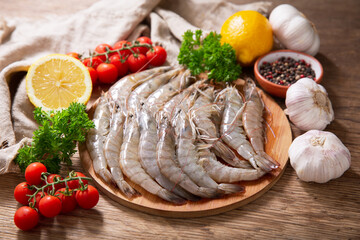 fresh shrimps with ingredients for cooking