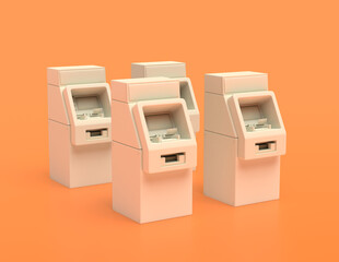 Multiple white plastic Automated Teller Machines or ATM machines in rows on yellow orange background side by side, flat colors, single color banking machine, 3d rendering