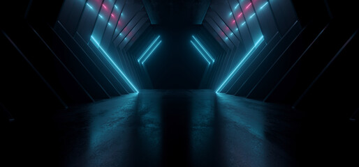 Neon Sci Fi Retro Modern Glowing Laser Electric Alien Spaceship Tunnel Garage Corridor Hangar Purple Blue Concrete Glossy background 3D Rendering