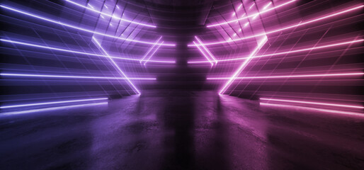 Obraz premium Neon Oval Sci Fi Retro Modern Glowing Laser Electric Alien Spaceship Tunnel Garage Corridor Hangar Purple Blue Concrete Glossy background 3D Rendering