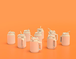 group of white plastic gluppers hot drink mugs object in yellow orange background, flat colors, single color, 3d rendering