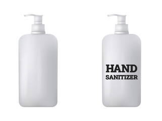 Hand sanitizer isolated on white background. Realistic blank template of plastic container. 3D. Stock vector illustration.
