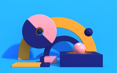 Abstract composition of geometric shapes in art deco style and podium for product showcase, multicolored shapes on a blue background, 3d render
