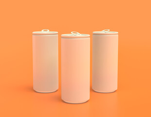 multiple flat color white plastic soda cans in rows in yellow orange background, monochrome, single color, 3d rendering