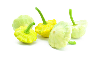 Pattypan squashes (or patty pan) isolated on white background. Healthy vegetarian food concept.