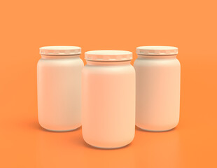 A Group of white plastic flat color glass jars in yellow orange background, monochrome, single color, 3d rendering