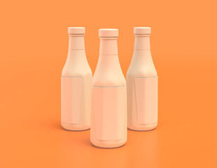 Multiple white plastic ketchup bottles in yellow orange background, flat colors, single color, 3d rendering