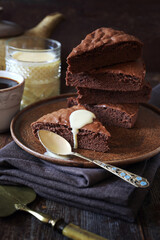 French cuisine. Chocolate cake. Genoise with English cream