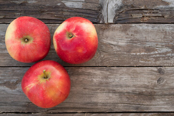 Three red apples on the wooden background. Autumn mood. Organic and healthy food. Rustic style. Mouth-watering apples. Copy space. Close up. Apples in my garden.