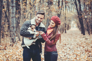 Couple in fall having walk with dog in a park