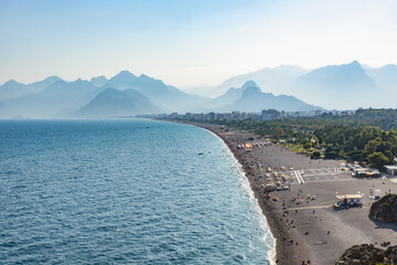Aerial view of the Konyaalti Beach, Antalya, Turkey. Popular tourist attraction area.