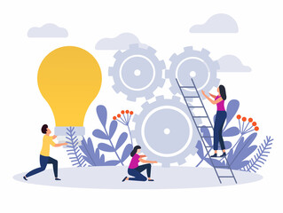 Teamwork flat.Flat vector illustration, teamwork on finding new ideas, search for new solutions, creative work vector