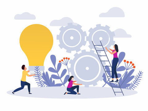Teamwork flat.Flat vector illustration, teamwork on finding new ideas, search for new solutions, creative work vector