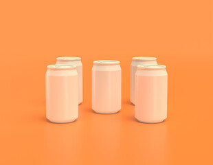 multiple flat color white plastic soda cans in rows in yellow orange background, monochrome, single color, 3d rendering