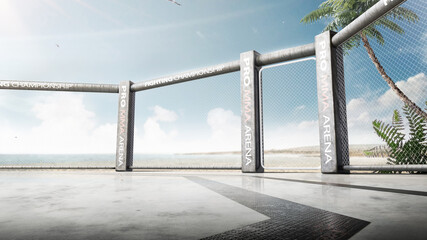 MMA arena bottom view. MMA fight island. Location of the MMA tournament on the island. 3D rendering