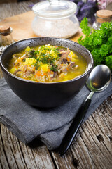 Polish barley soup with vegetables and chicken heart.