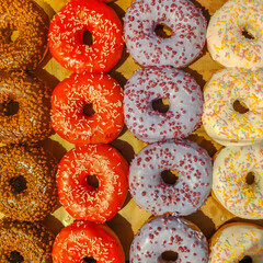 Square closeup of donuts background with variety of coloful donuts coockies.