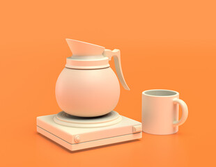 white plastic coffee carafe in yellow orange background, flat colors, single color, 3d rendering