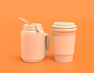 white plastic coffee cup in yellow orange background, flat colors, single color disposable paper cup, 3d rendering