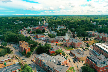 Fototapeta na wymiar Aerial Drone Photography Of Downtown Dover, NH (New Hampshire) During The Summer