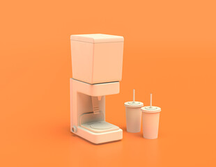 white plastic soda, slurp machines and mixer in yellow orange background, flat colors, single color, 3d rendering