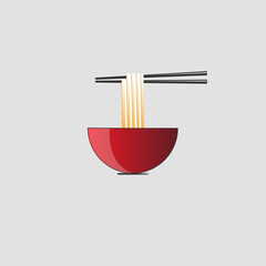 Red bowl with broth, noodles and black chopsticks. Asian ramen, fast food. Vector graphics.