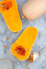 Butternut squash isolated, autumn vegetables for seasonal food. Copy space.