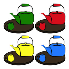 Set of four color teapots and cups on wooden trays on white background