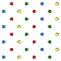 Seamless colorful pattern with cups of hot drink on white background