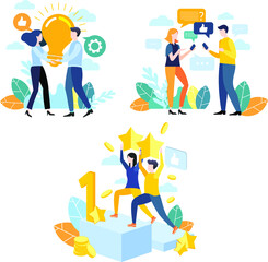 Fototapeta na wymiar Vector illustration. Flat design. Business images. Large set of flat design illustrations. Achieving goal. Cooperation. Help in solving the problem. The generation of ideas.