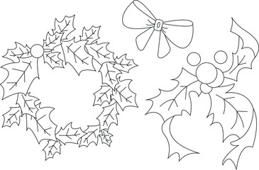 Set of linear graphic elements. Christmas symbol. christmas holly wreath
